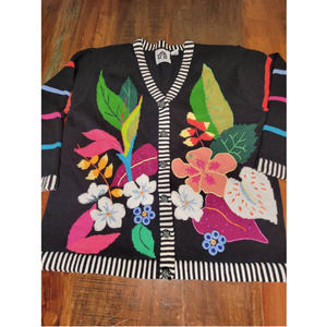 Storybook Knits Colorful Floral on Black Cardigan - Sz 2XL